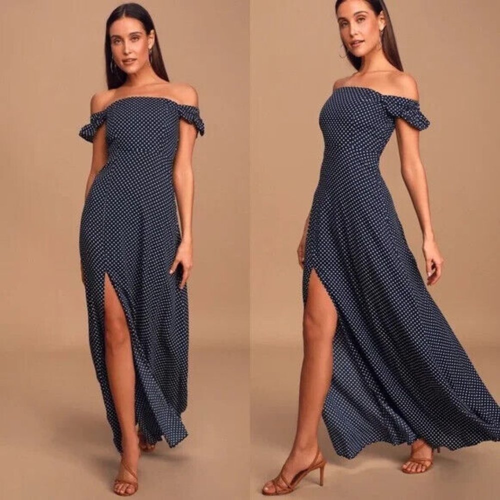 Lulus Dream Love Navy Blue Polka Dot Off-the-Shoulder Maxi Dress XS